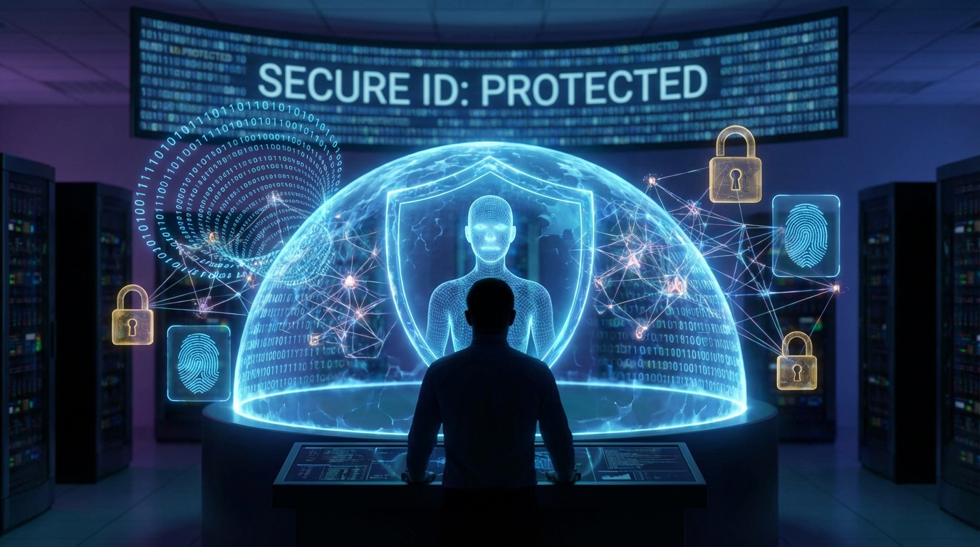 A high-tech cinematic scene of a person's digital identity protected by a glowing blue shield. Surrounding the shield are complex binary codes, AI network patterns, and floating holographic icons of locks and fingerprints. The atmosphere is professional, secure, and futuristic. 8k resolution, photorealistic.