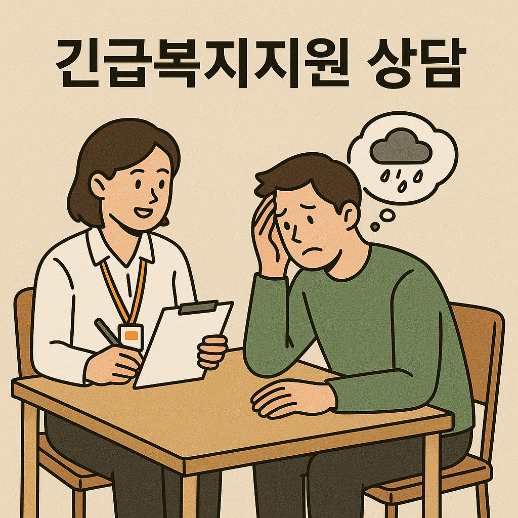 위기 상황에서 긴급복지지원을 상담받는 시민과 사회복지사 일러스트