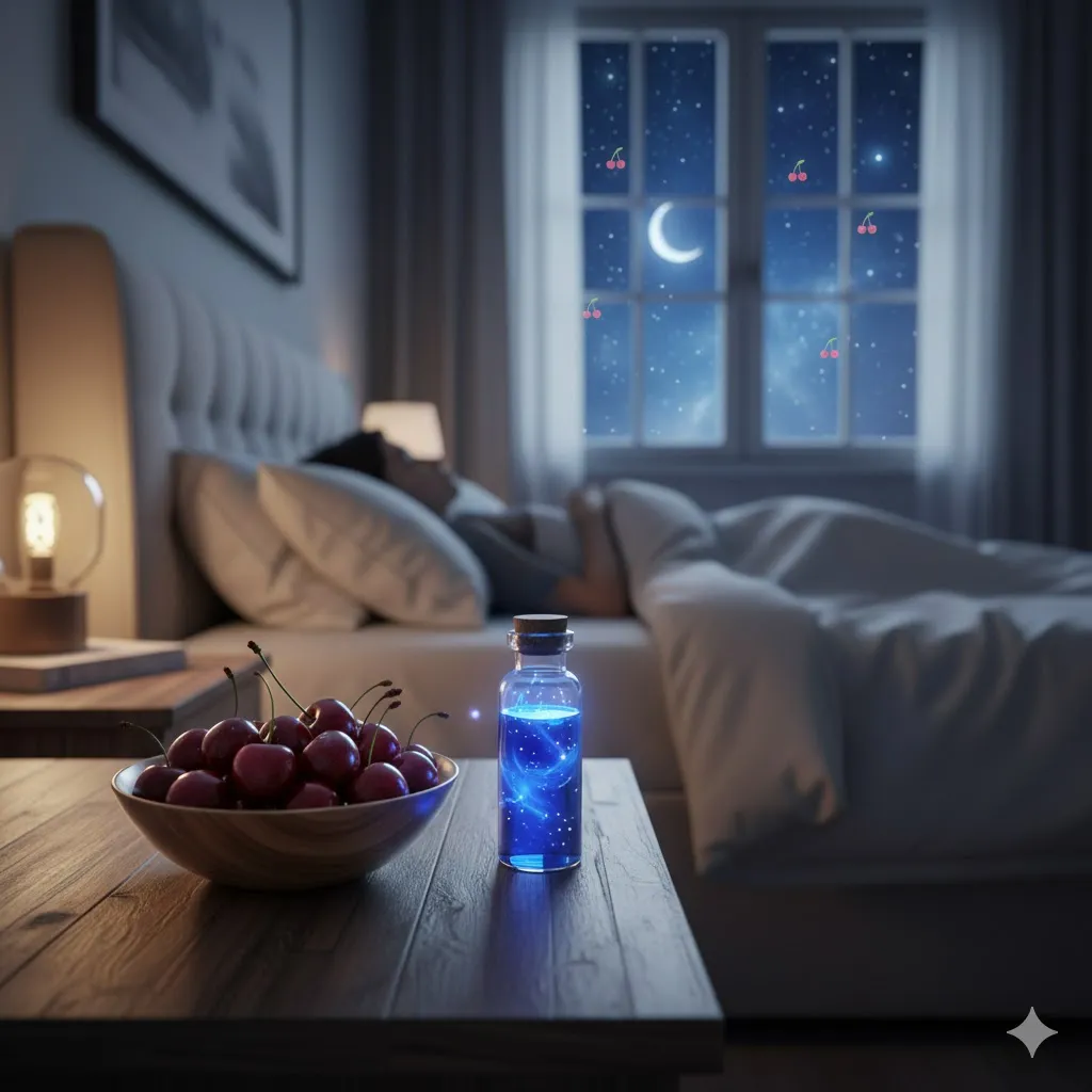 아늑한 침실 배경에 체리가 놓여있거나&amp;#44; 잠든 사람의 실루엣 옆에 체리 이미지를 배치하여 편안한 수면을 유도하는 효과를 나타냅니다. 밤하늘이나 별과 같은 요소도 좋습니다. 