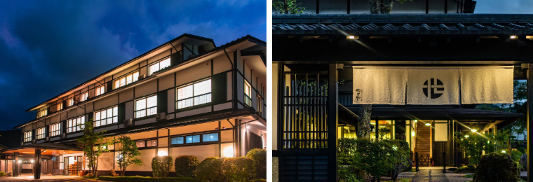 유후인 료칸 야와라기노사토 야도야 외관 정문 야경