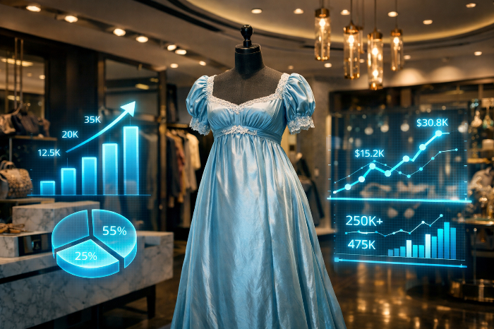 현대 패션 매장에 전시된 리젠시 스타일 드레스와 상승하는 매출 지표 시각화.