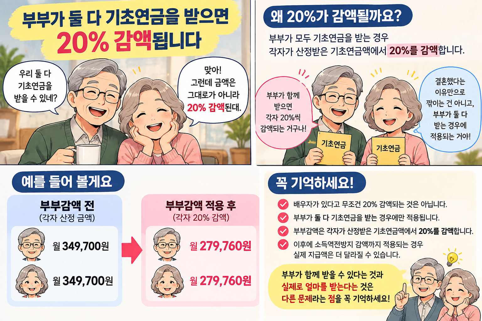 부부 둘다 기초연금을 받는 경우엔 감액이 된다는 부분을 설명하는 이미지