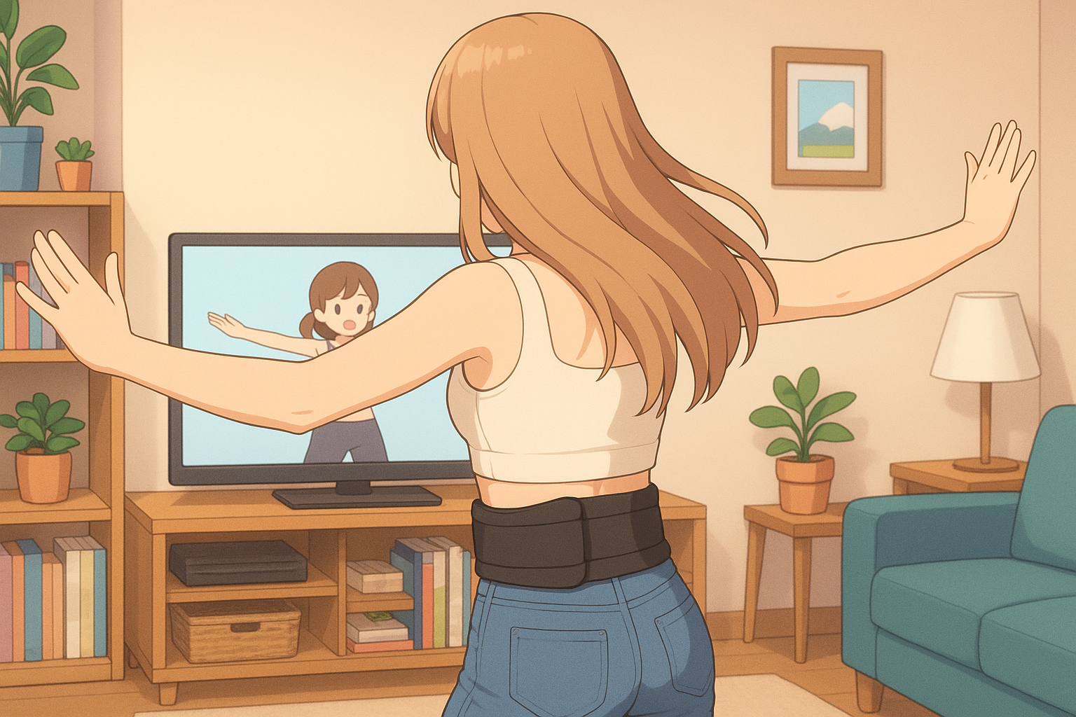 EMS 가정용 기기(벨트)를 착용한 여성이 거실에서 팔을 벌리며 운동하는 애니메이션 스타일 일러스트