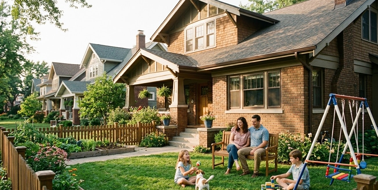 행복한 4인 가족이 있는 안정된 주거 환경의 모습