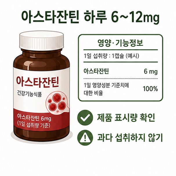 건강기능식품 성분표와 함께 아스타잔틴 하루 6~12mg 섭취 기준과 제품 표시량 확인을 보여주는 이미지