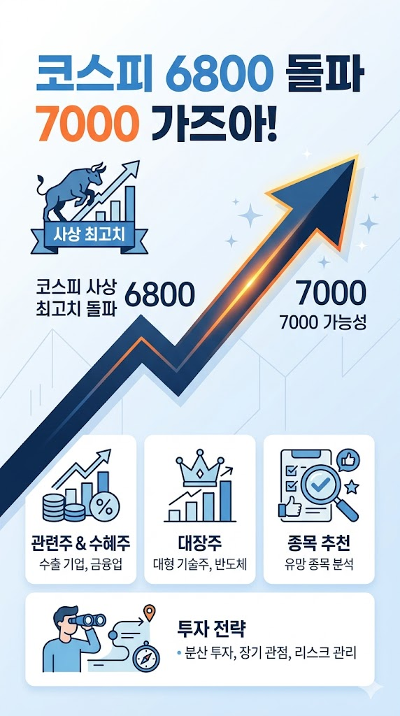 코스피 6800 사상 최고치 돌파, 7000 가능성, 관련주, 수혜주, 대장주, 종목 추천 및 투자 전략