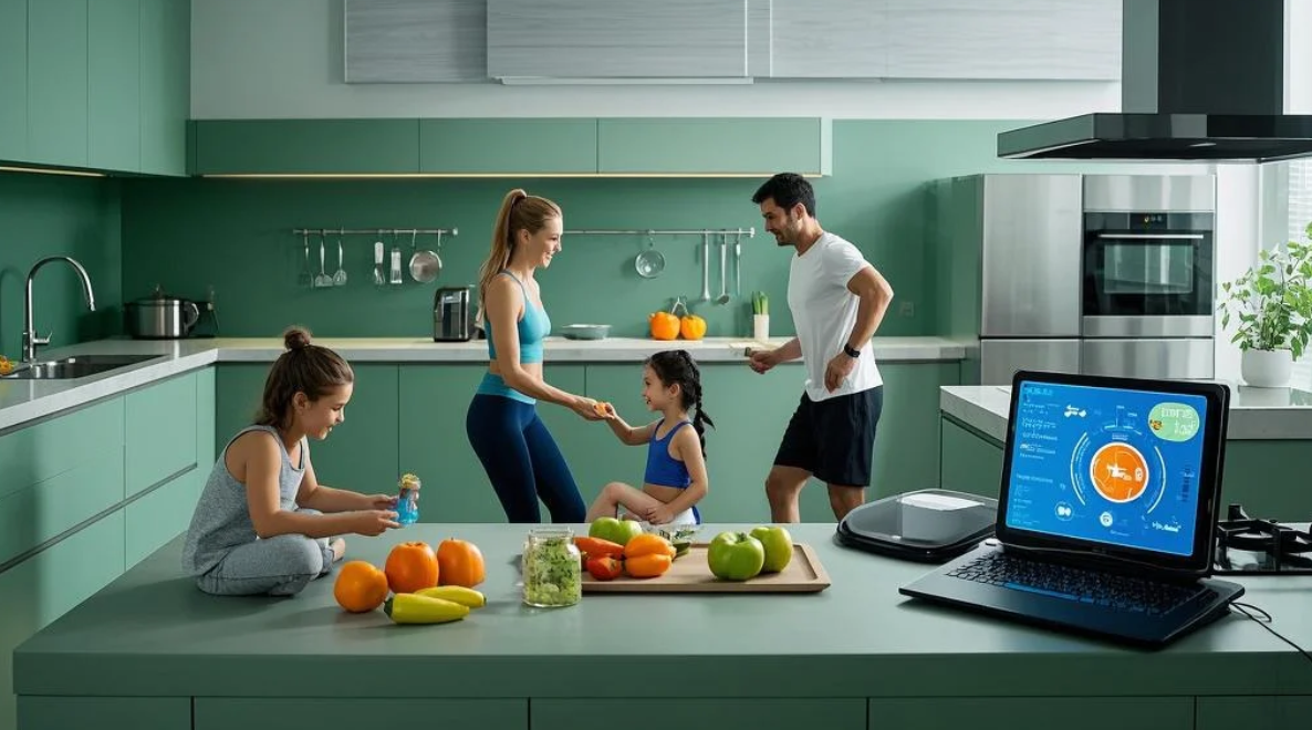 부모와 아이를 위한 미래 다이어트 (건강 간식, 놀이형 운동, AI 관리)에 대한 이미지