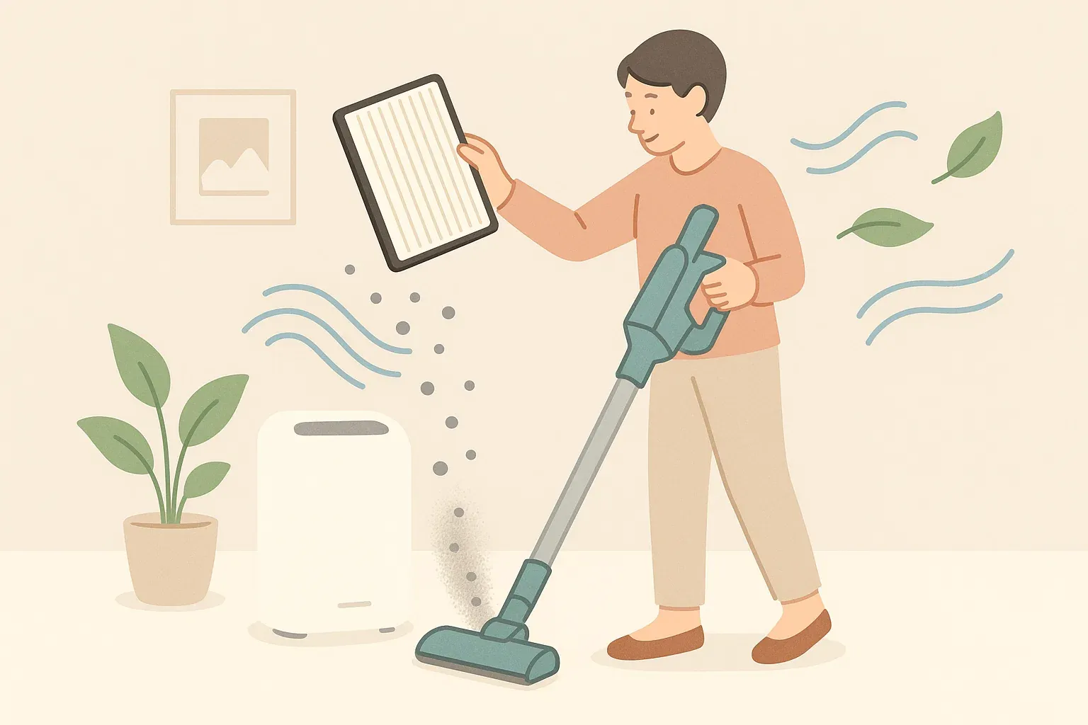 공기청정기 필터를 청소하며 환기 중인 남성 일러스트