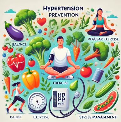 고혈압 예방과 관련된 채소, 운동, 휴식 등이 복합적으로 어우러져 있는 그림