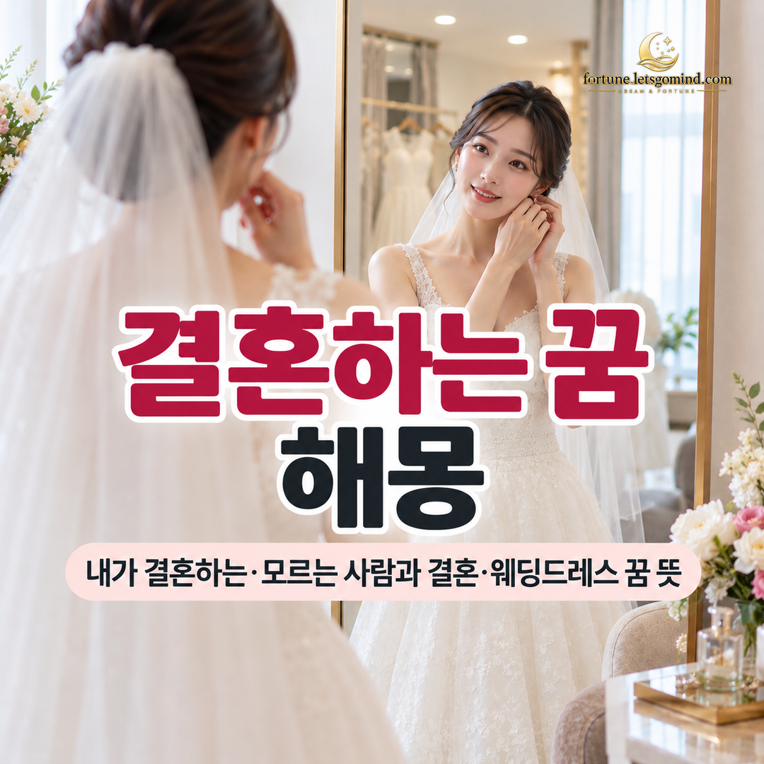 거울 앞에서 웨딩드레스를 입고 결혼을 준비하는 결혼하는 꿈 해몽 장면