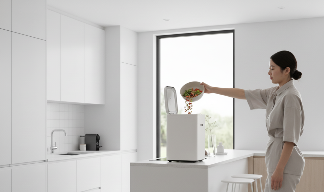 린클 이지 음식물 처리기에 음식물을 넣고 뚜껑을 닫고 있는 장면