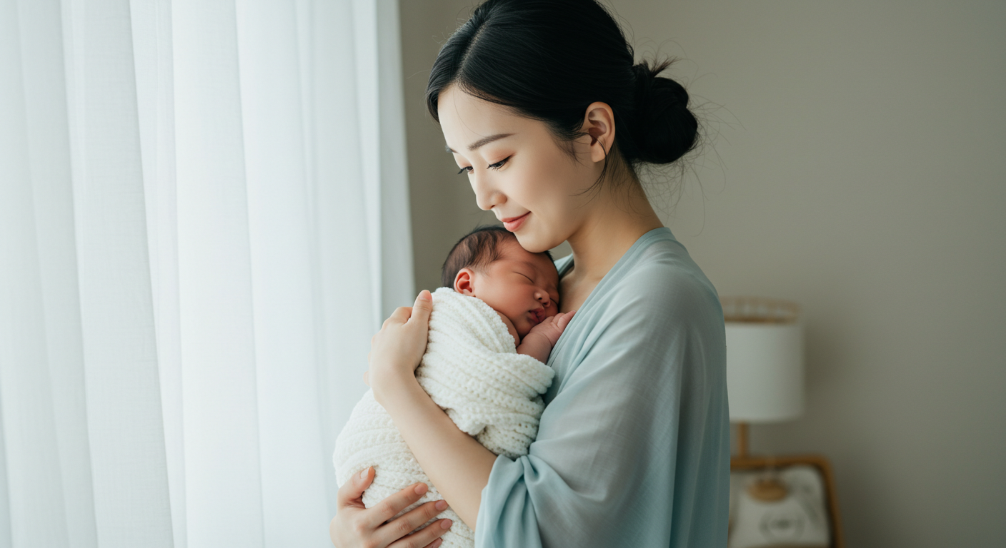 갓난 아기를 안고서 사랑스러운 표정으로 아기를 내려다 보고 있는 엄마