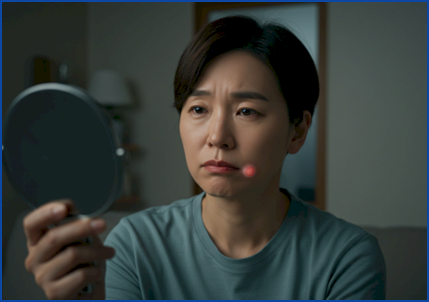 입안의 지속되는 상처나 반점을 피곤함으로 간과하는 사람의 모습을 보여주며&amp;#44; 통증 없는 구강암 초기 증상의 위험성을 경고하는 일러스트.