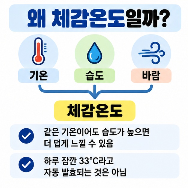 기온과 습도, 바람의 영향을 반영한 체감온도가 폭염특보 기준에 사용되는 이유를 정리한 카드