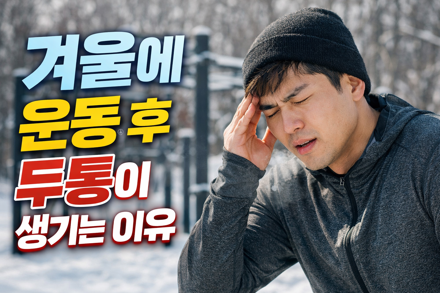 겨울 야외 운동 후 관자를 잡고 두통을 느끼는 남성의 모습, 추운 날씨에서 운동한 장면