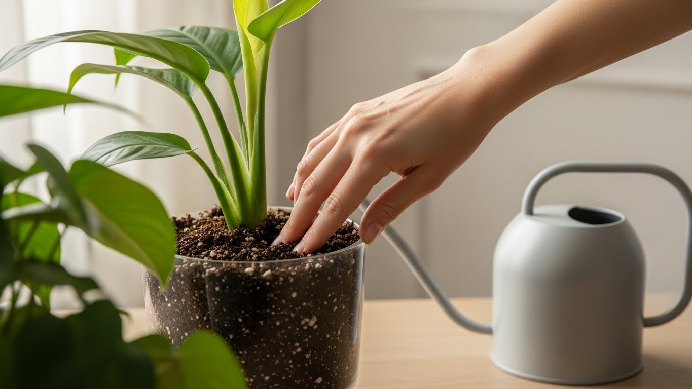 실내 화분 식물의 흙을 손으로 확인하며 물 주기 시점을 판단하는 모습. 실내 식물 물 주기 기준을 설명하는 대표 이미지.