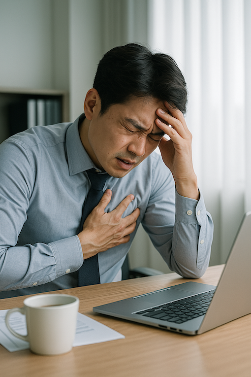 스트레스로 책상에 엎드려 힘들어하는 30대 한국인 직장인
