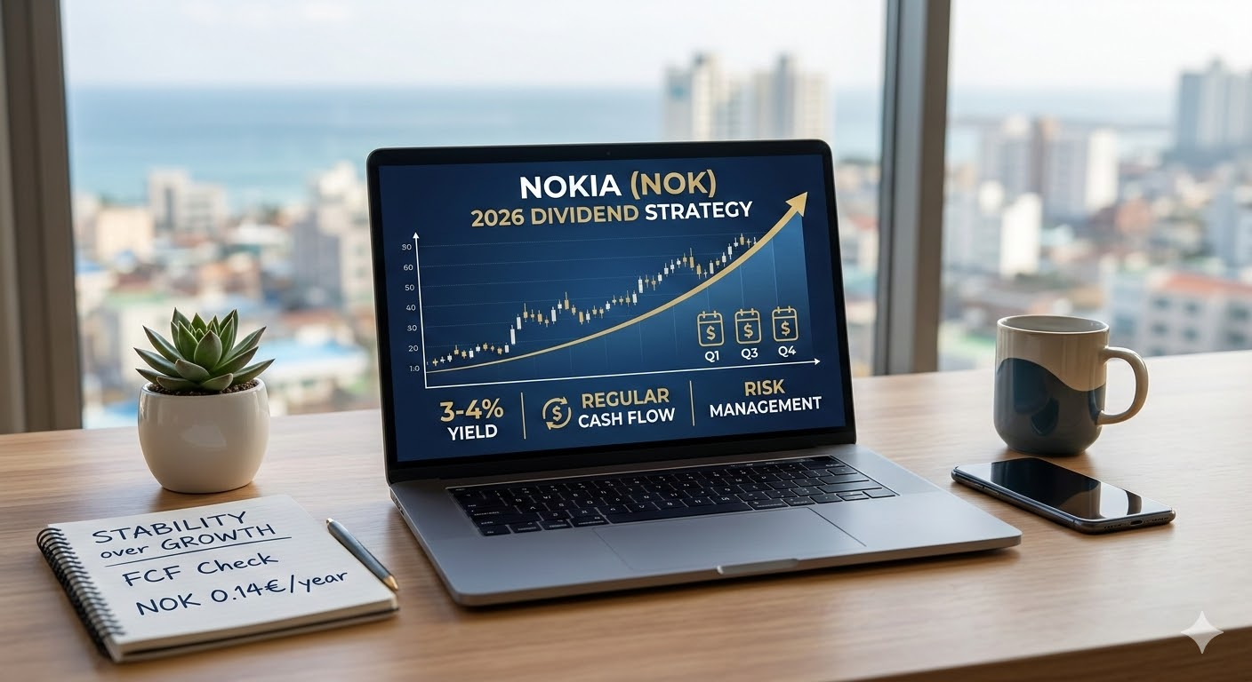 깔끔하고 현대적인 사무실 데스크를 배경으로, 최신 노트북 화면에 'NOKIA (NOK)' 주가 차트와 '2026 DIVIDEND STRATEGY'라는 문구가 세련된 인포그래픽 형태로 띄워져 있습니다. 노트북 옆에는 따뜻한 커피 잔과 스마트폰, 그리고 '분기 배당(Quarterly Payout)', '3~4% 수익률'이라고 적힌 깔끔한 노트가 놓여 있습니다. 전체적으로 차분한 블루와 골드 톤을 사용해 전문성과 안정성을 동시에 느낄 수 있는 스톡 사진 스타일