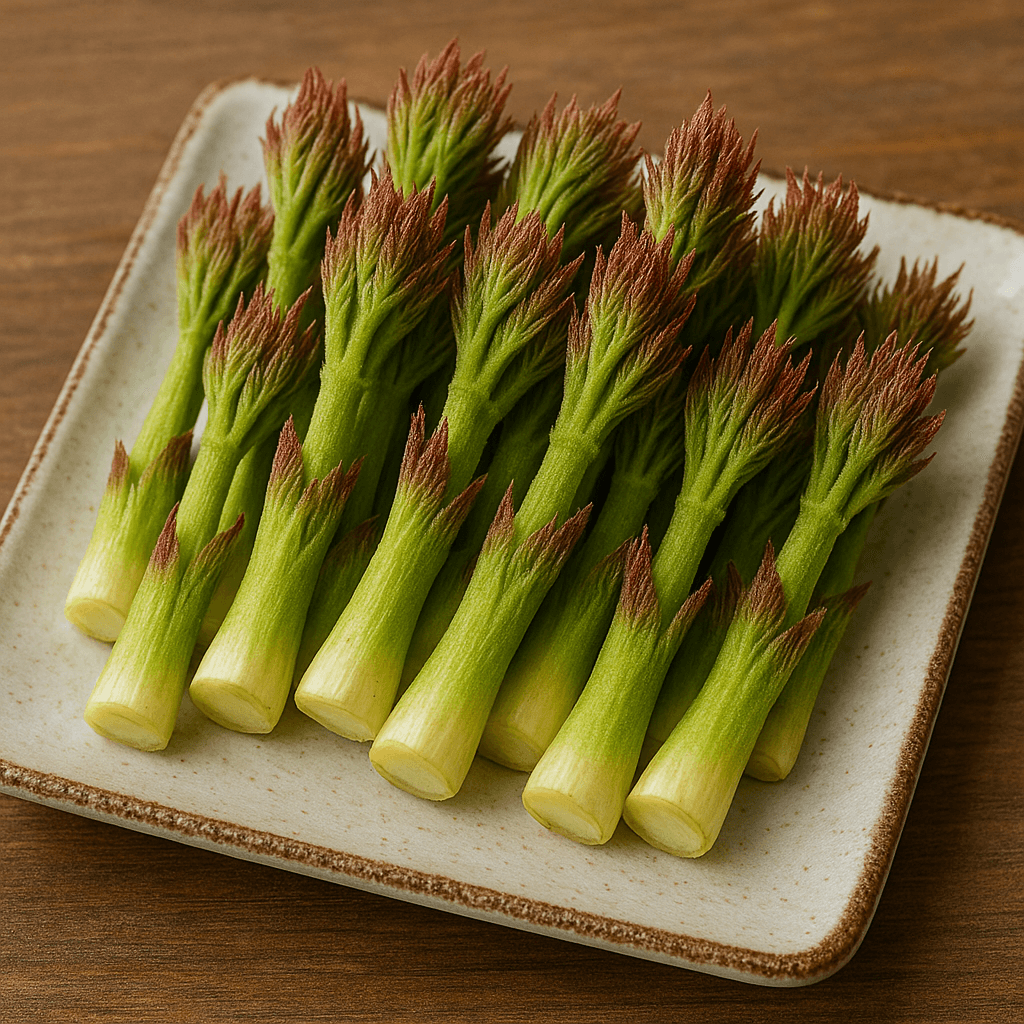 네모난 도자기 접시에 가지런히 정렬된 두릅