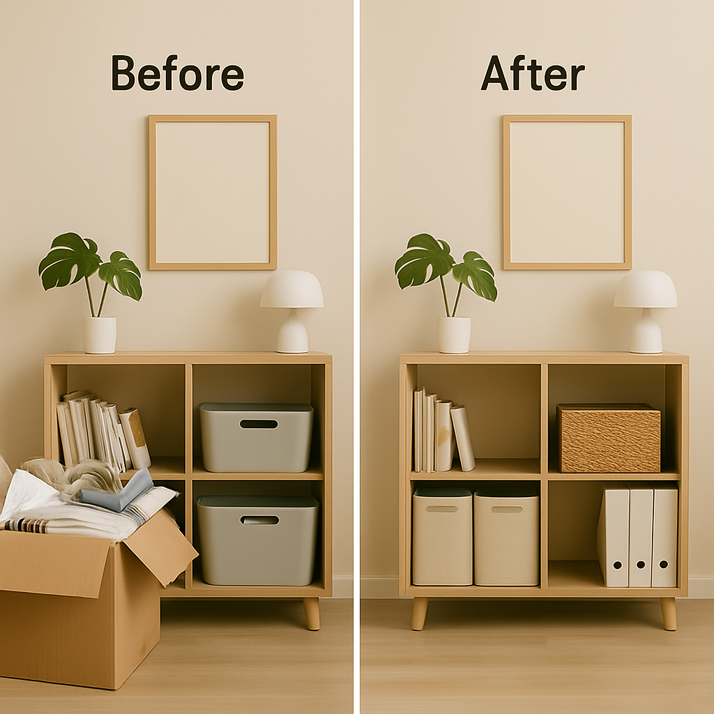 정리 전 어지럽고 물건이 쌓인 공간과 정리 후 깔끔하게 수납된 공간을 나란히 보여주는 비교 이미지
