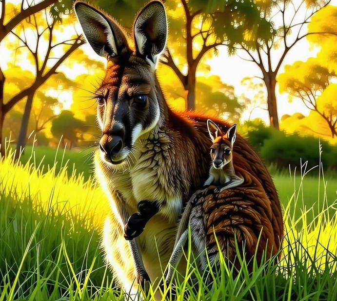 초록 들판에서 새끼를 품에 안고 있는 어미 캥거루, 햇살이 비치는 호주의 자연 풍경