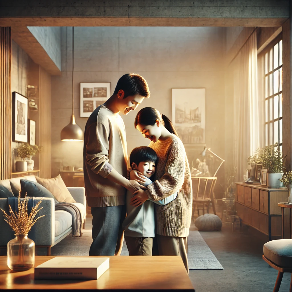 부모가 아이를 따뜻하게 안아주며 사랑을 전하는 모습을 사실적으로 묘사합니다. 포근한 거실에서 가족의 애정 어린 순간이 담겨 있으며, 사랑의 힘을 강조하는 분위기를 연출했습니다.