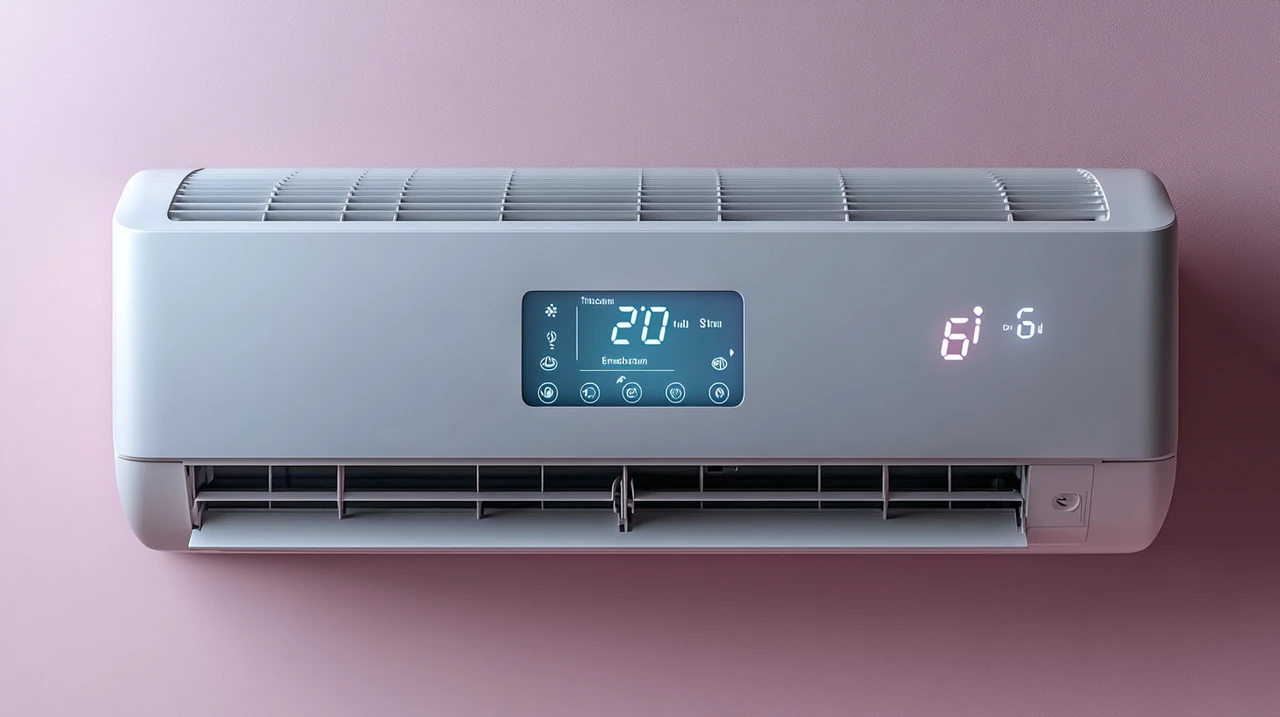 온도, 습도 및 에너지 효율을 표시하는 디지털 디스플레이를 갖춘 무풍 에어컨이 특징입니다. 미니멀한 디자인과 첨단 가정용 장식 요소가 조화롭게 어우러집니다.