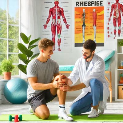 젊은 남성이 무릎이 아파서 물리치료사에게 물리치료를 받고 있다