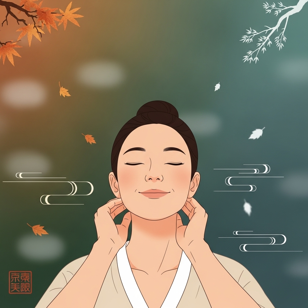 환절기 면역력 강화를 위해 침샘을 부드럽게 마사지하며 셀프 케어 루틴을 실천하는 사람의 모습.