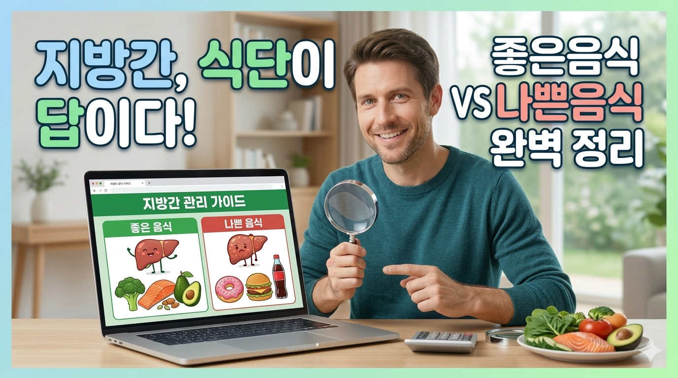 지방간 관리에 도움이 되는 신선한 채소와 생선(좋은 음식)과 햄버거, 도넛, 탄산음료(나쁜 음식)를 대비시켜 보여주는 건강 정보 그래픽 이미지