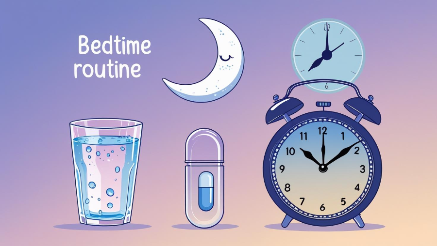 취침 전 1~2시간에 물과 함께 소량 보충제를 복용하는 야간 루틴을 표현한 체크리스트 스타일 일러스트&rdquo;