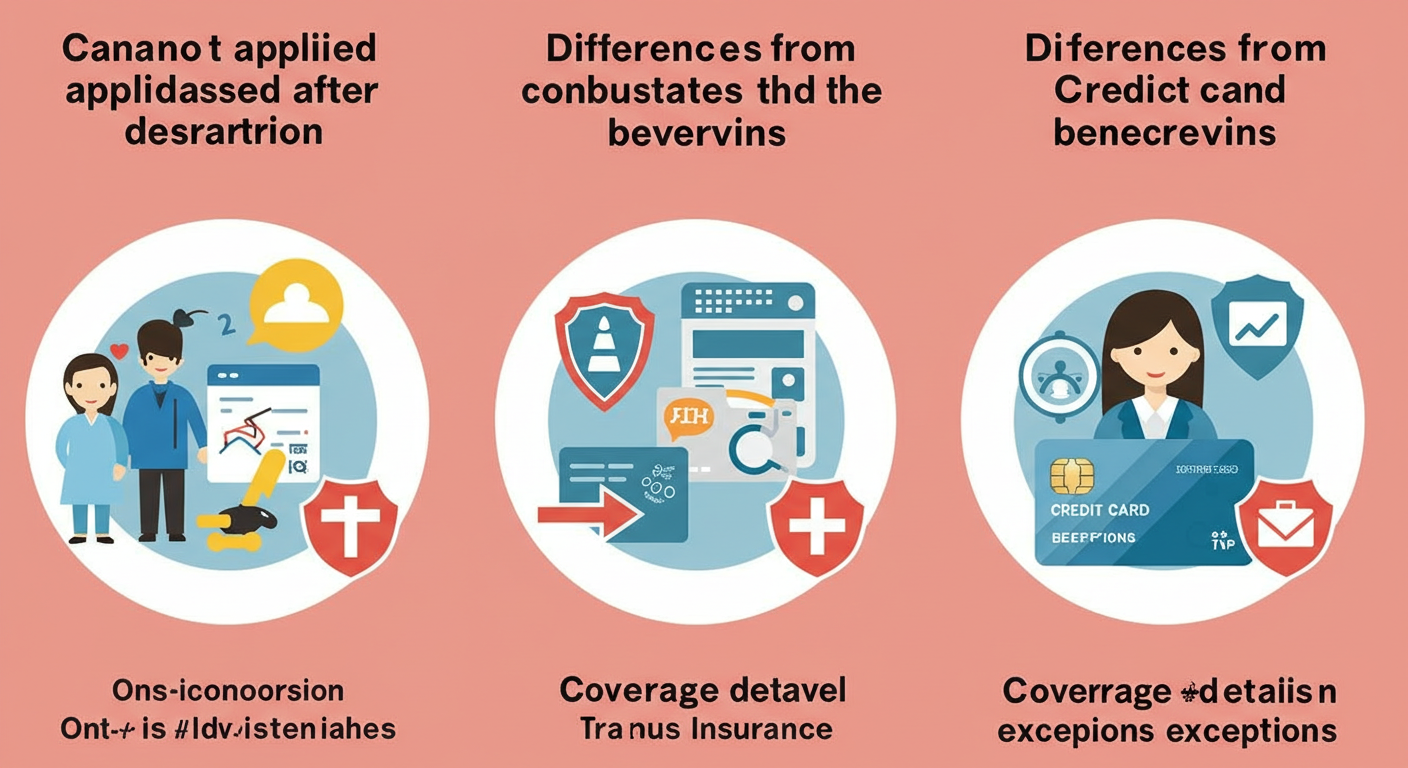 해외 여행자 보험 가입 전 반드시 확인해야 할 '출국 후 신청 불가', '신용카드 혜택과의 차이', '보장 내용 및 예외 조항' 세 가지 핵심 사항을 강조하는 이미지.