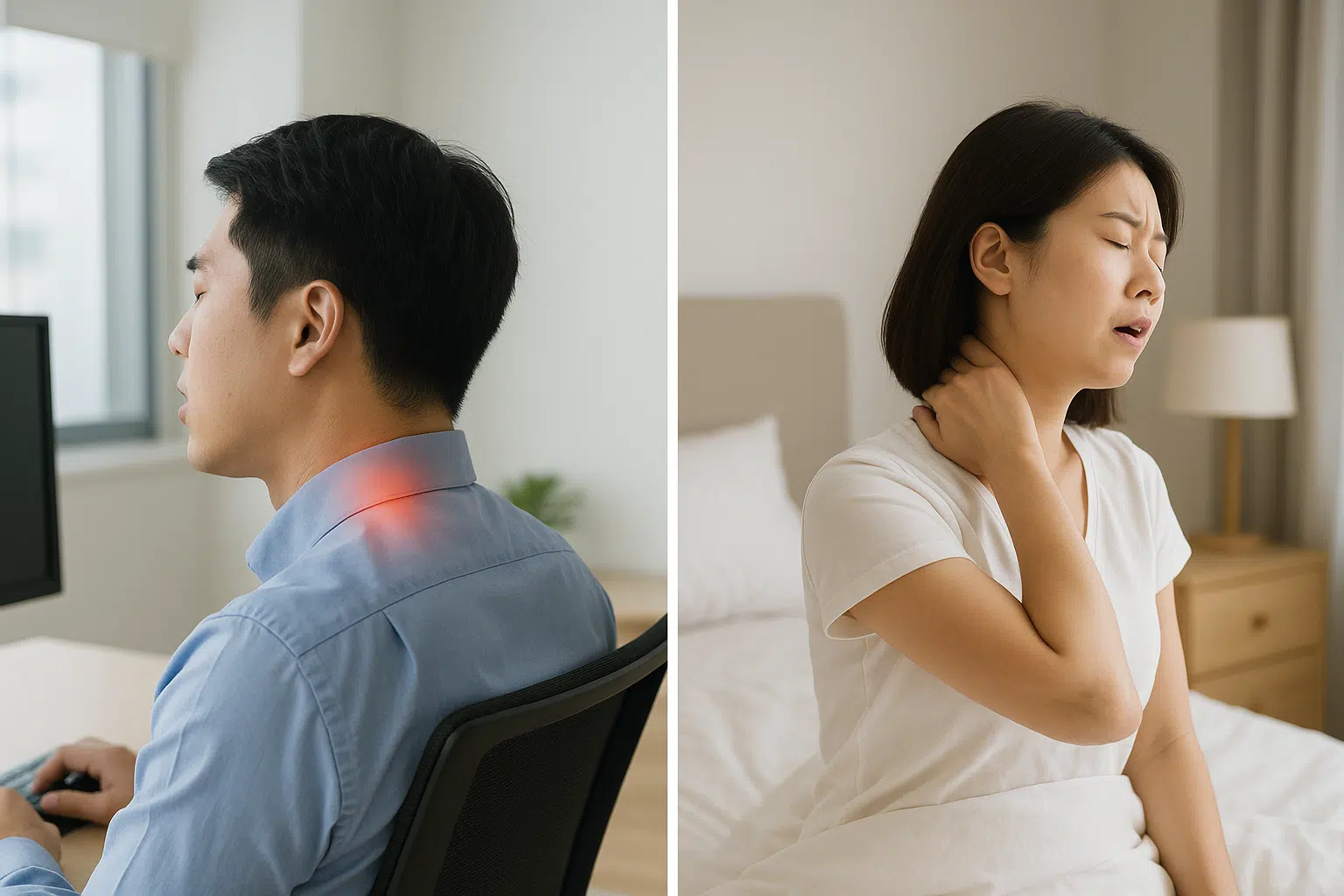 고개를 돌리거나 침대에서 일어나는 한국인 남녀를 2컷으로 보여주는 장면