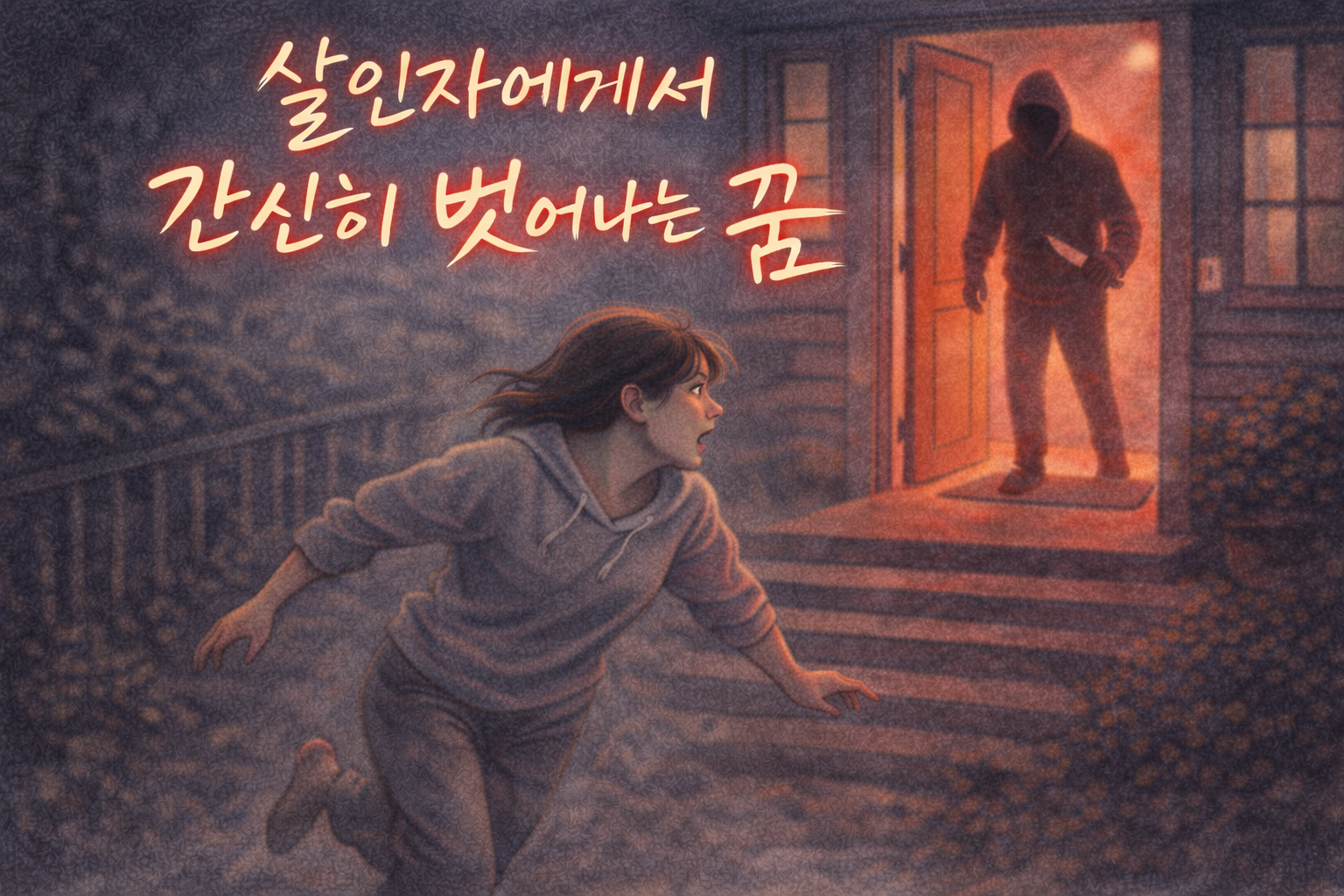 밤의 집 현관에서 살인자 실루엣을 피해 간신히 도망치는 인물을 파스텔 질감으로 표현한 몽환적인 일러스트