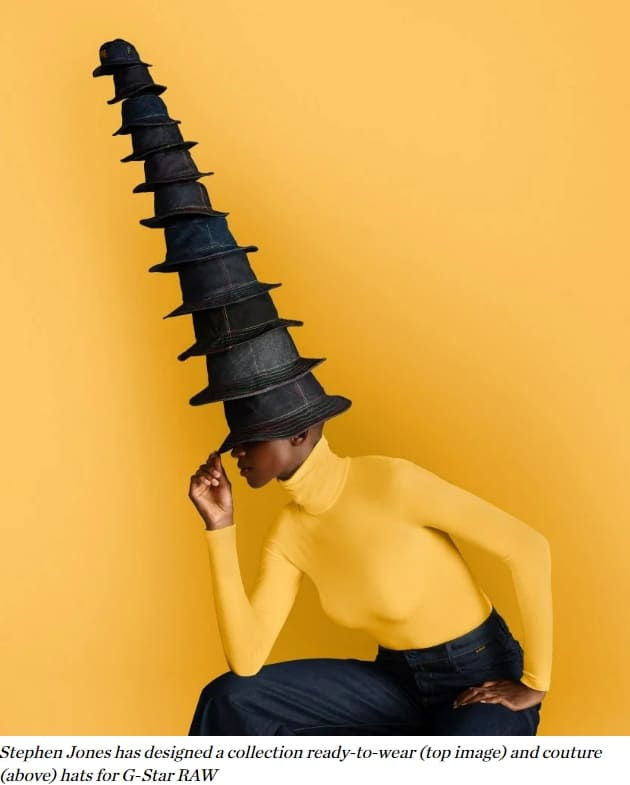 스티븐 존스의 모자 쓴 사람들 Stephen Jones and G-Star Raw collaborate to create couture denim hats