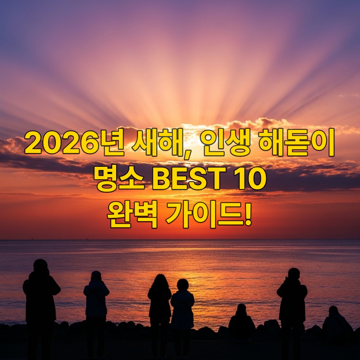 2025년 새해, 동해안 정동진 해변 위로 떠오르는 붉고 웅장한 일출. 바다와 하늘이 주황색, 분홍색, 보라색으로 물들고, 희망찬 새해의 분위기를 연출하는 풍경.