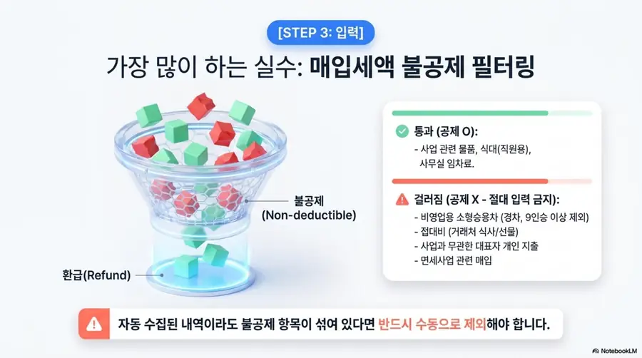홈택스 부가세 신고 시 가장 많이 하는 실수인 매입세액 불공제 필터링 안내 이미지. 공제 가능 항목으로 사업 관련 물품과 직원용 식대 그리고 사무실 임차료가 있고 불공제 항목으로 비영업용 소형승용차와 접대비 그리고 사업과 무관한 개인 지출과 면세사업 관련 매입이 있으며 자동 수집된 내역에도 불공제 항목이 섞여 있다면 반드시 수동으로 제외해야 한다는 경고를 표시함