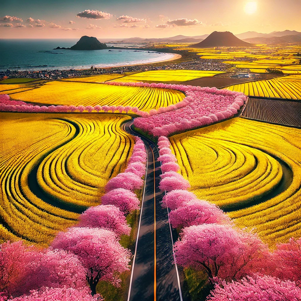 제주도의 드넓은 유채꽃밭과 벚꽃길을 드론으로 촬영한 장면, 하늘에서 내려다본 화사한 봄꽃 풍경