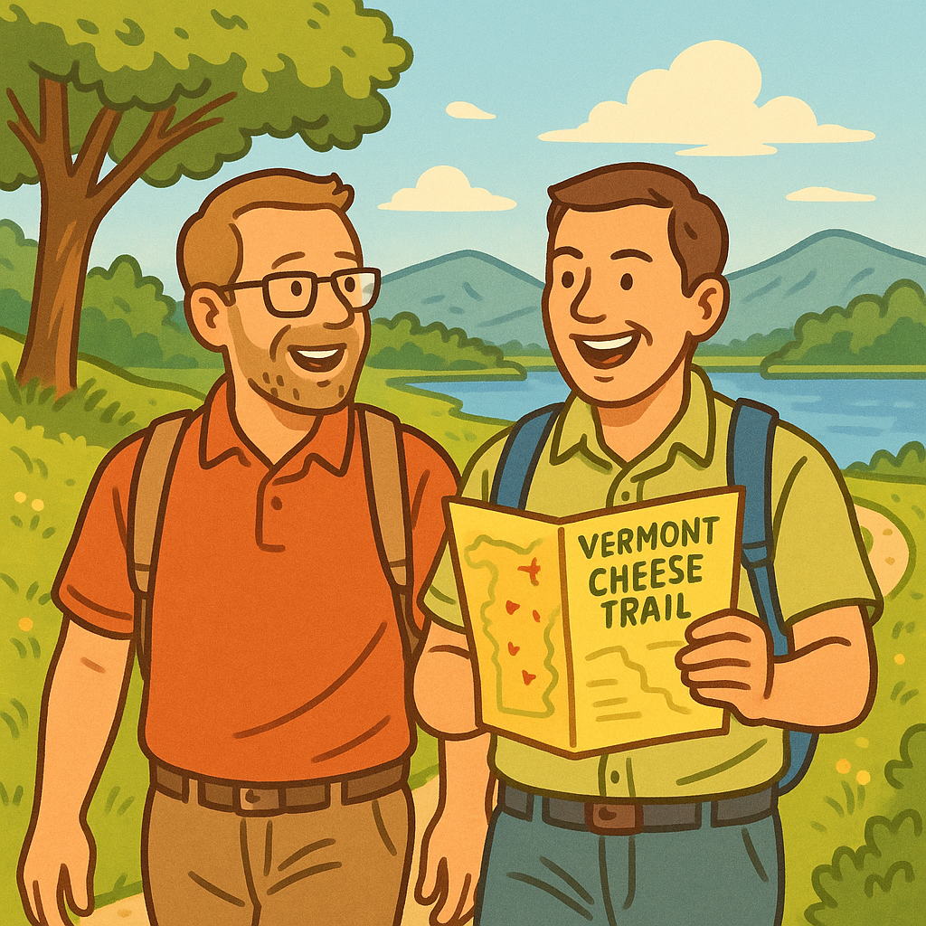 버몬트 치즈 지도를 손에 들고 웃는 여행자