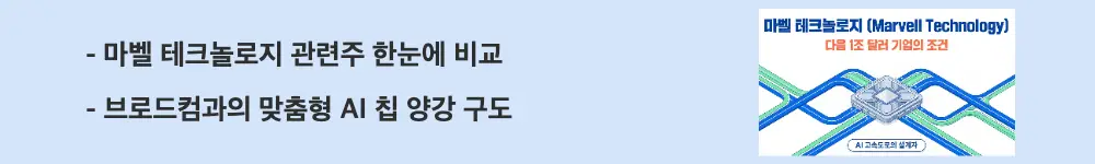 '마벨 테크놀로지 관련주 한눈에 비교'라는 문구가 포함된 웹배너 이미지. 이 이미지는 브로드컴 등 마벨 경쟁사와의 사업 영역 차이를 시각적으로 전달하며, 블로그의 마벨 테크놀로지 주가 전망과 관련된 내용을 설명함