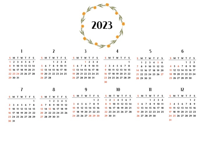 2023년 12개월 꽃 일러스트 달력