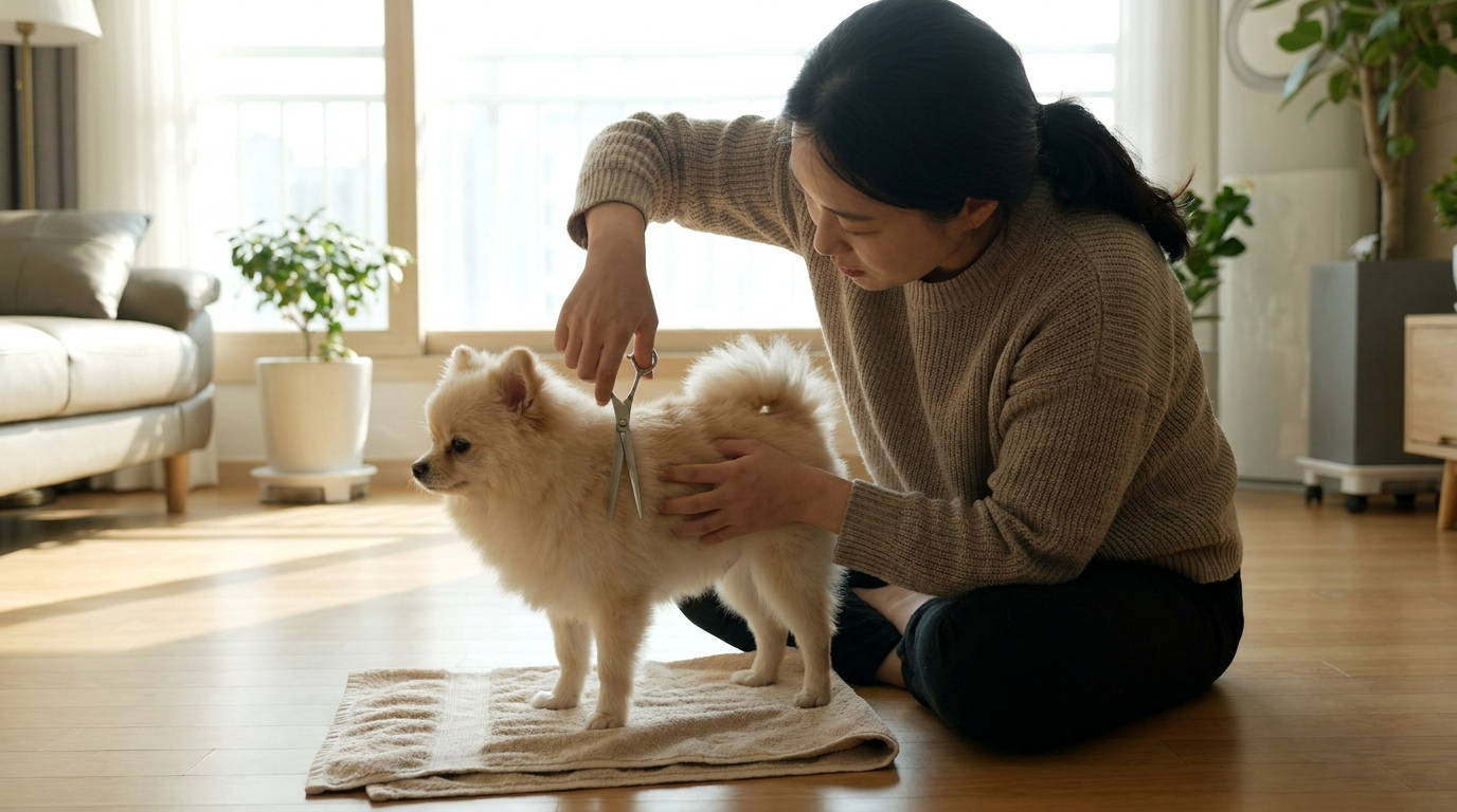 포메라니안 등 털 다듬는 보호자