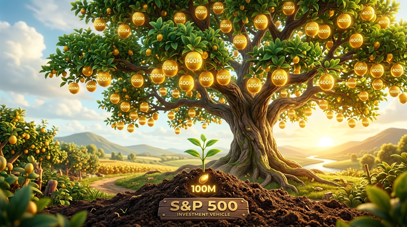 '100,000,000' 숫자가 적힌 씨앗이 S&P 500이라는 토양에서 자라나 '400,000,000' 열매가 맺힌 거대한 나무가 된 3D 인포그래픽