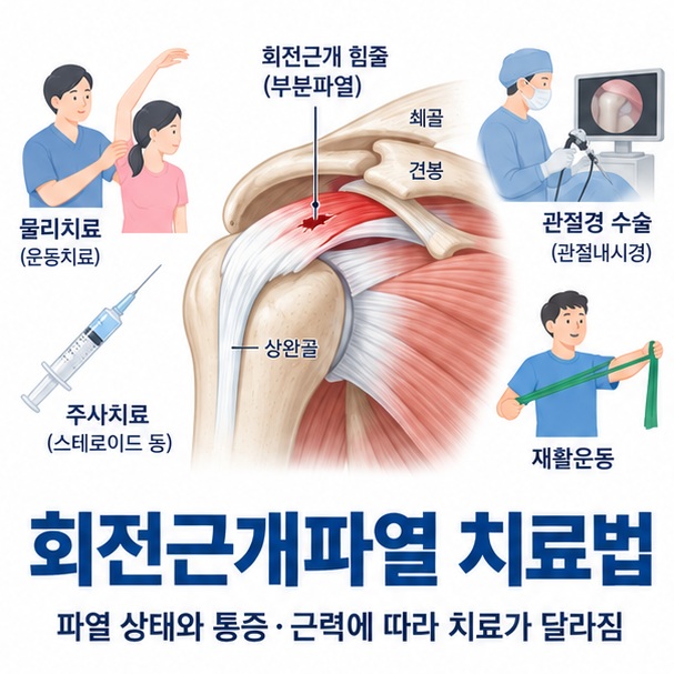 회전근개파열 치료법과 어깨 회전근개 힘줄 물리치료 수술을 함께 보여주는 교육용 이미지