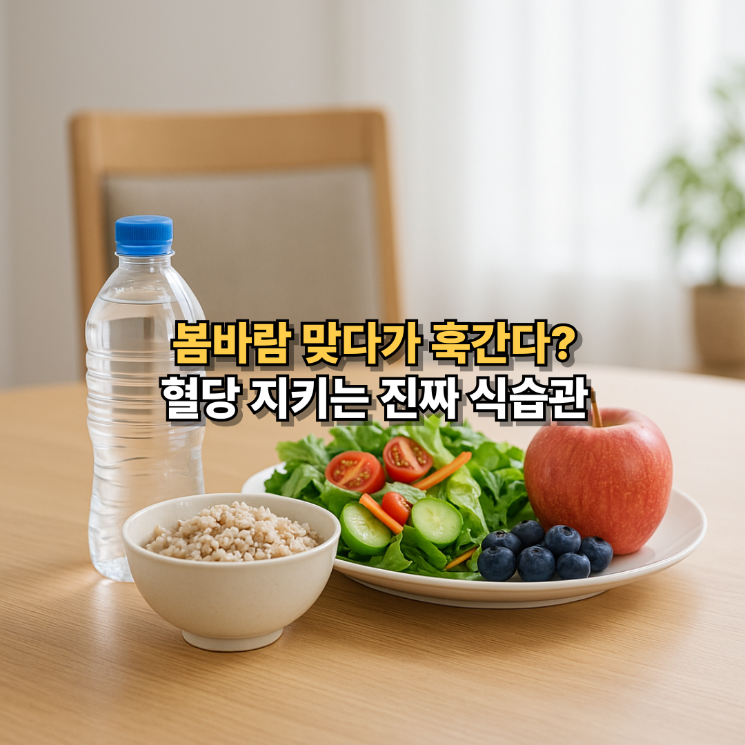 생수병과 잡곡밥, 샐러드, 사과, 블루베리가 환한 식탁 위에 놓인 건강한 식단