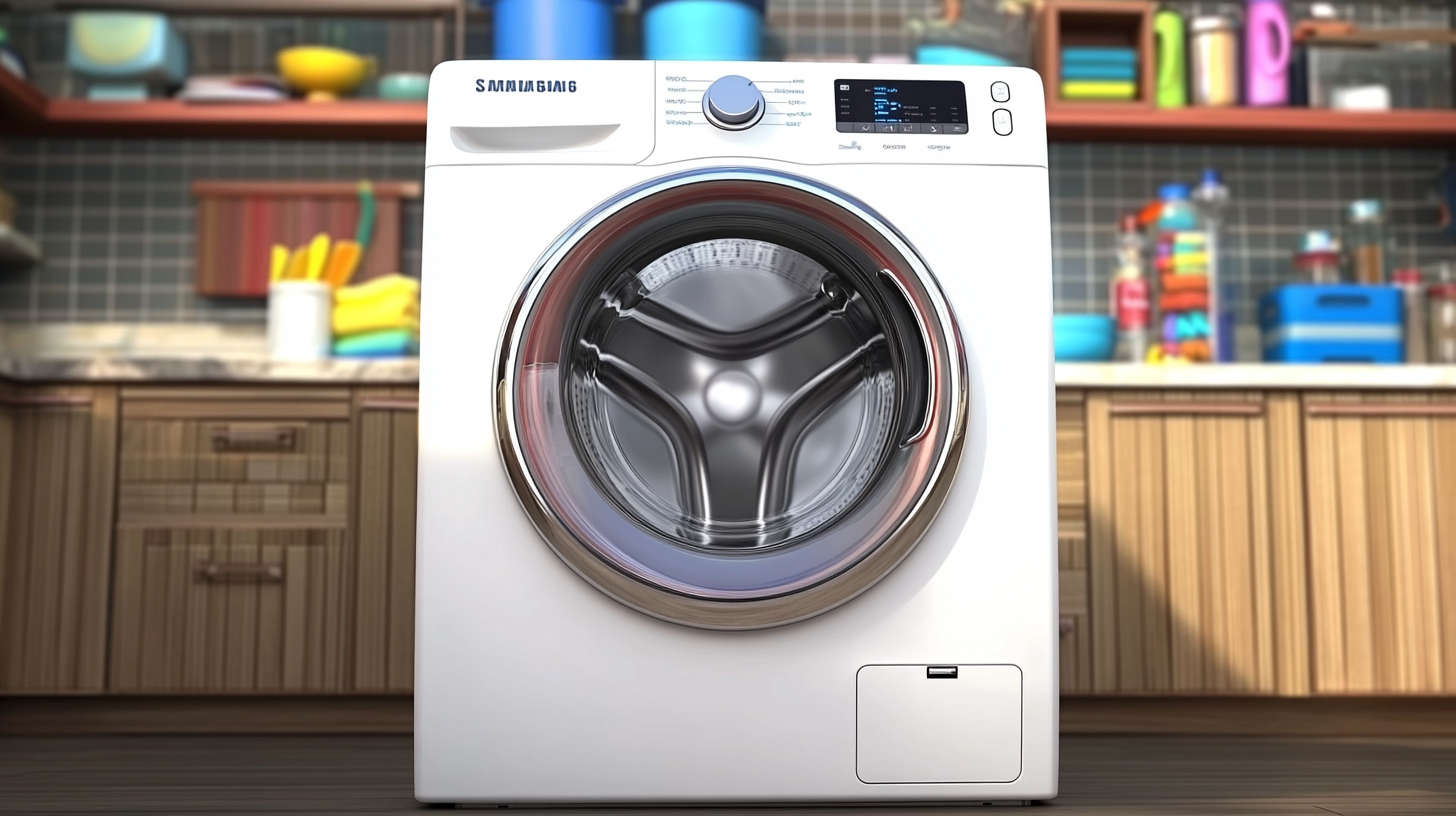 세련된 흰색 디자인과 터치 인터페이스를 갖춘 최신형 삼성 세탁기가 현대적인 주방에 놓여 있는 모습입니다. 이 이미지는 제품의 우아한 외관과 기술적 우수함을 보여줍니다.