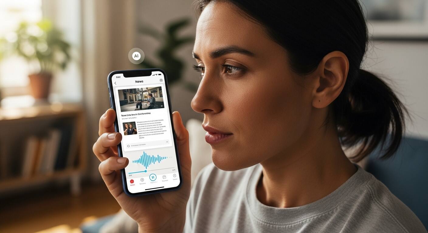 AI 뉴스 앱으로 스마트폰에서 기사를 음성으로 청취하는 모습