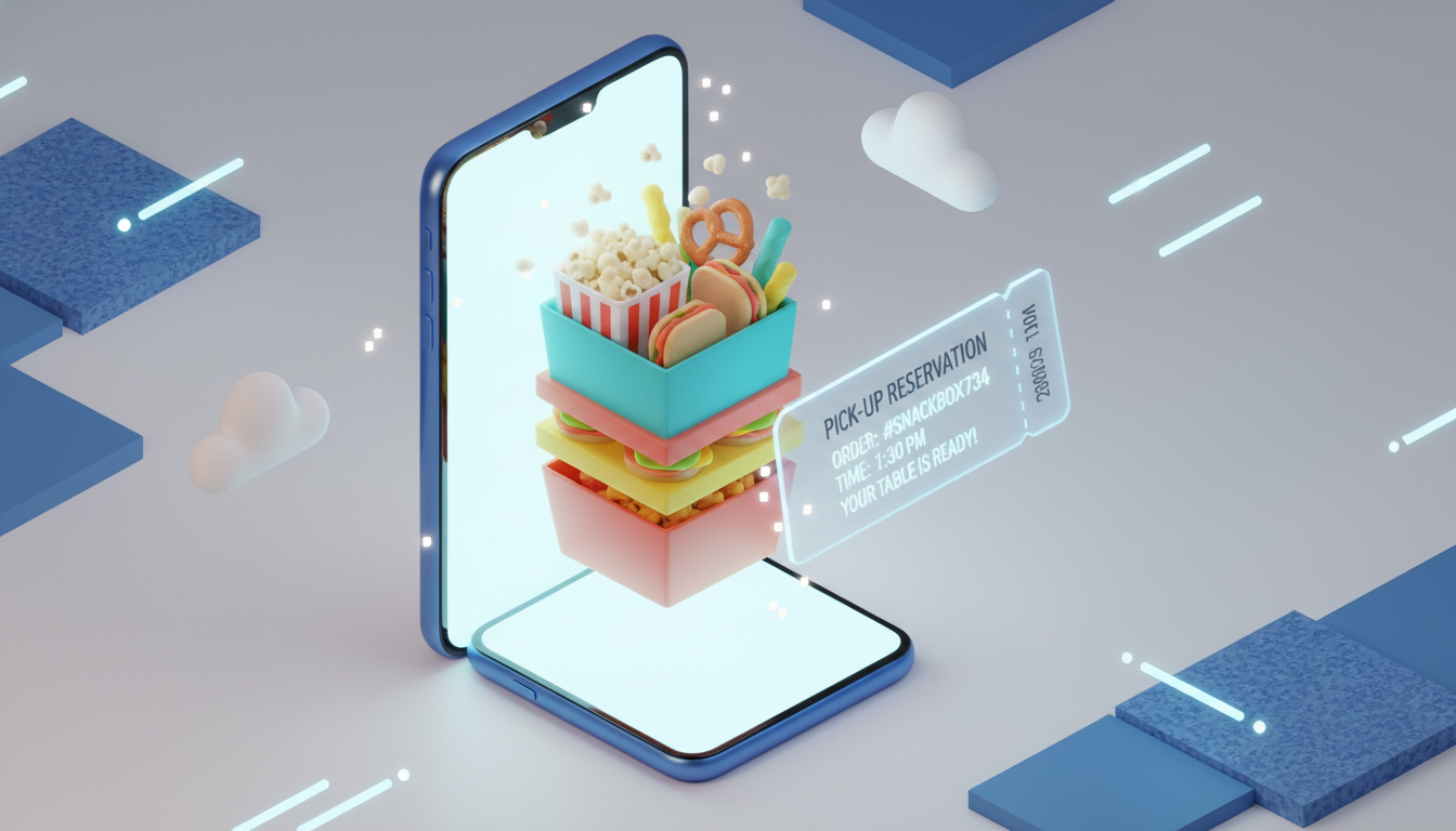 스마트폰에서 예약 픽업 티켓과 인기 간식이 튀어나오는 3D 이미지