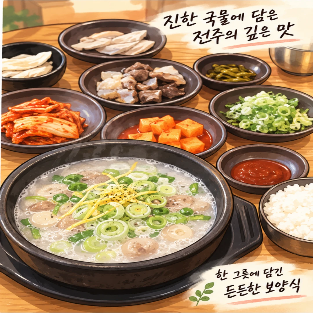 김판쇠전주우족탕 우족탕과 반찬 구성 일러스트