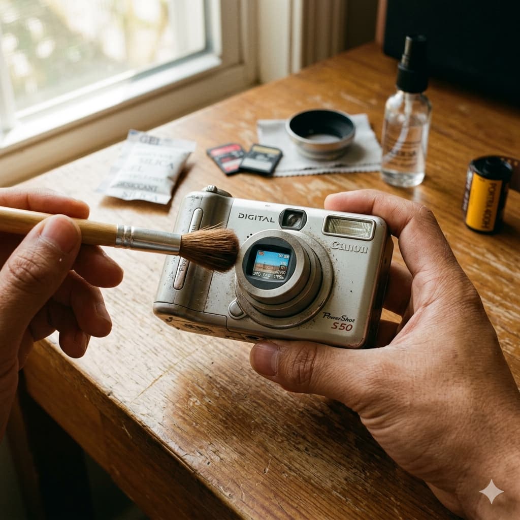 햇살이 비치는 나무 책상 위에서 브러시를 이용해 은색 빈티지 디지털 카메라 바디와 렌즈의 먼지를 닦아내는 클로즈업 사진.